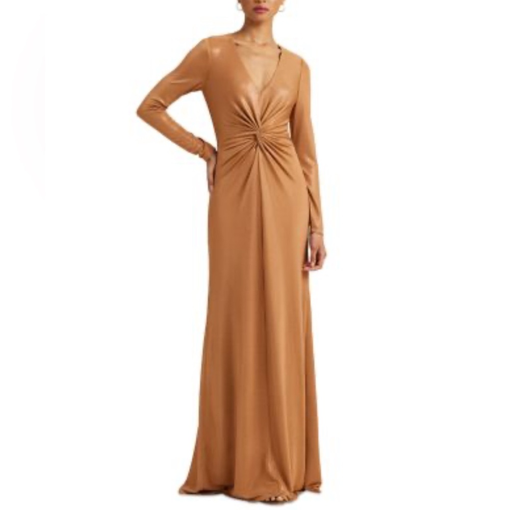 Lapis Tan Ruched V-Neck Gown for Wedding Guests
